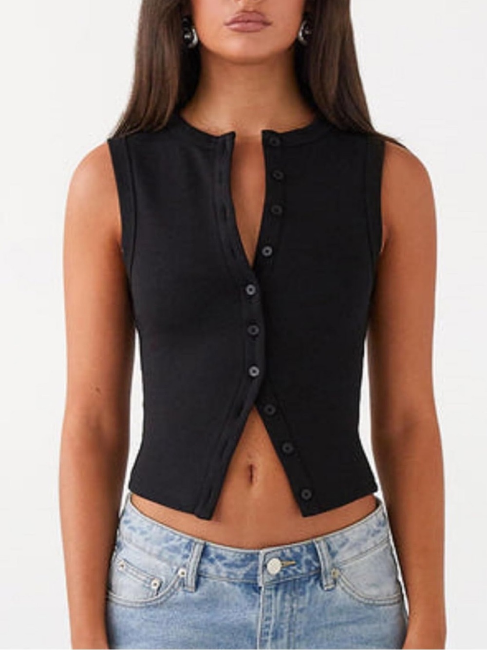 Sleeveless Black Button-Front Ribbed Top